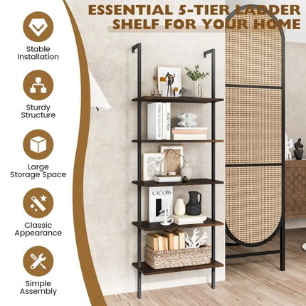 5 Tier Ladder Shelf Wall-Mounted Bookcase with Steel Frame-Brown - Brown - Bookcases