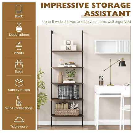 5 Tier Ladder Shelf Wall-Mounted Bookcase with Steel Frame-Brown - Brown - Bookcases