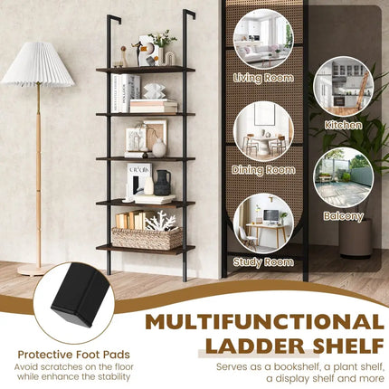 5 Tier Ladder Shelf Wall-Mounted Bookcase with Steel Frame-Brown - Brown - Bookcases