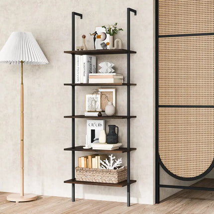 5 Tier Ladder Shelf Wall-Mounted Bookcase with Steel Frame-Brown - Brown - Bookcases