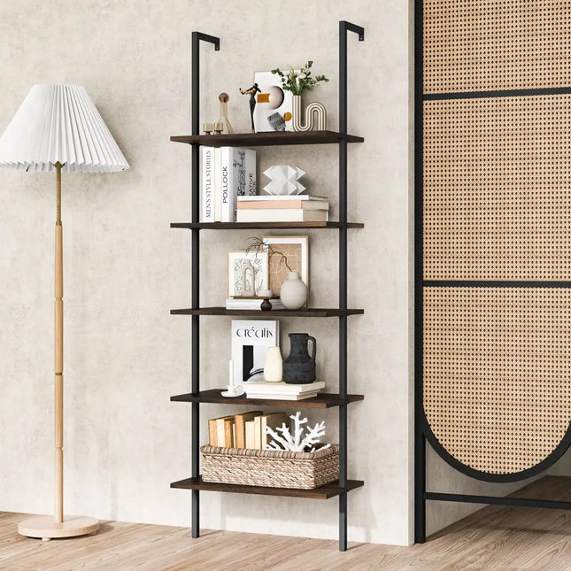 5 Tier Ladder Shelf Wall-Mounted Bookcase with Steel Frame-Brown - Brown - Bookcases