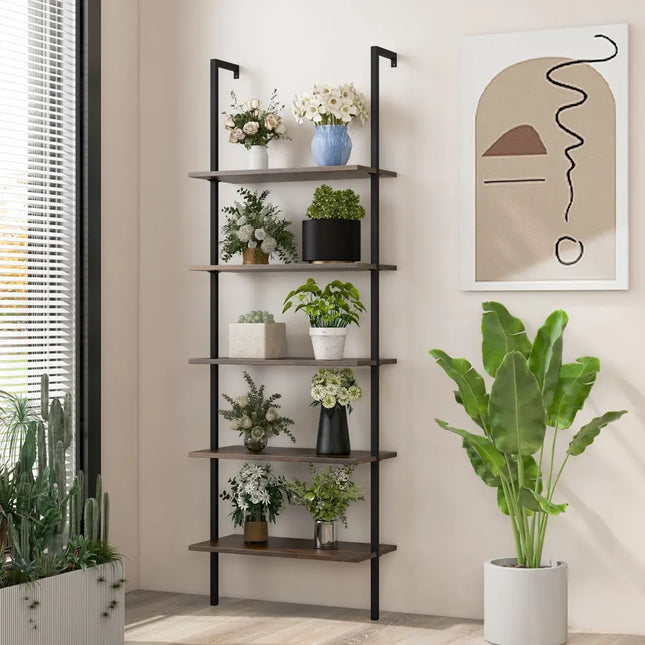 5 Tier Ladder Shelf Wall-Mounted Bookcase with Steel Frame-Brown - Brown - Bookcases