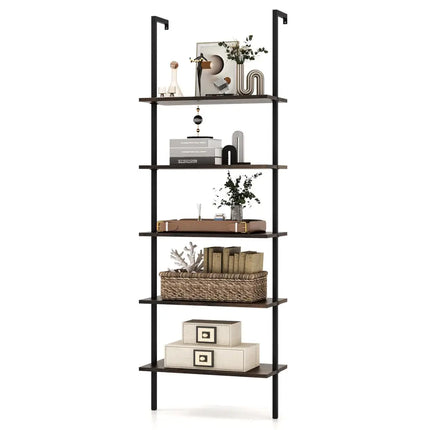 5 Tier Ladder Shelf Wall-Mounted Bookcase with Steel Frame-Brown - Brown - Bookcases