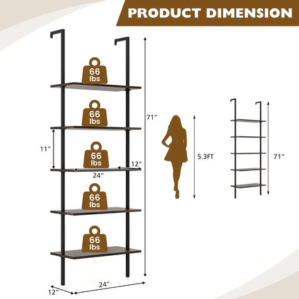 5 Tier Ladder Shelf Wall-Mounted Bookcase with Steel Frame-Brown - Brown - Bookcases