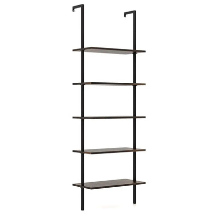 5 Tier Ladder Shelf Wall-Mounted Bookcase with Steel Frame-Brown - Brown - Bookcases