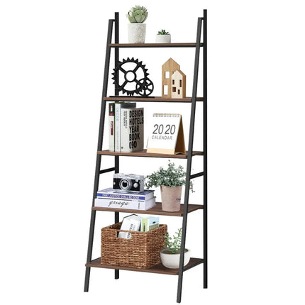 5 Tier Leaning Bookshelf Wood Metal Bookcase - Bookcases