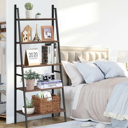 5 Tier Leaning Bookshelf Wood Metal Bookcase - Bookcases