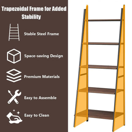 5 Tier Leaning Bookshelf Wood Metal Bookcase - Bookcases