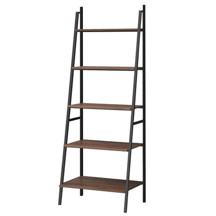 5 Tier Leaning Bookshelf Wood Metal Bookcase - Bookcases