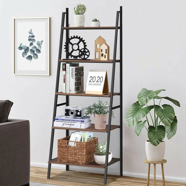 5 Tier Leaning Bookshelf Wood Metal Bookcase - Bookcases