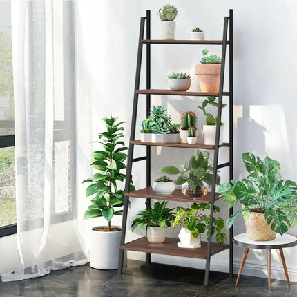 5 Tier Leaning Bookshelf Wood Metal Bookcase - Bookcases