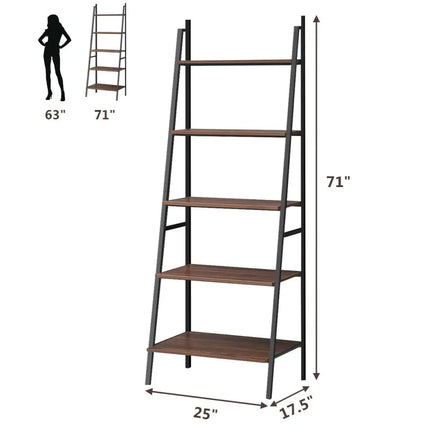 5 Tier Leaning Bookshelf Wood Metal Bookcase - Bookcases
