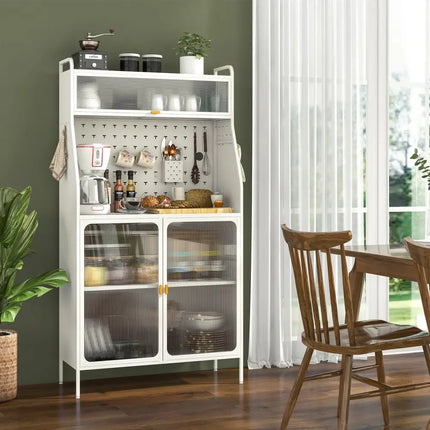 5-Tier Metal Baker’s Rack with See-through Flip-up Door and Pegboard-White - White - Sideboards Cabinets & Buffets