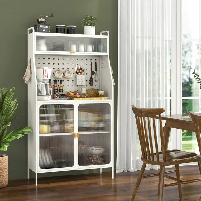 5-Tier Metal Baker’s Rack with See-through Flip-up Door and Pegboard-White - White - Sideboards Cabinets & Buffets