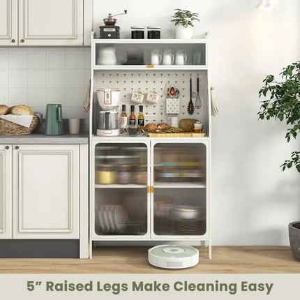 5-Tier Metal Baker’s Rack with See-through Flip-up Door and Pegboard-White - White - Sideboards Cabinets & Buffets