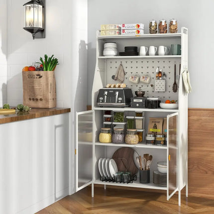 5-Tier Metal Baker’s Rack with See-through Flip-up Door and Pegboard-White - White - Sideboards Cabinets & Buffets