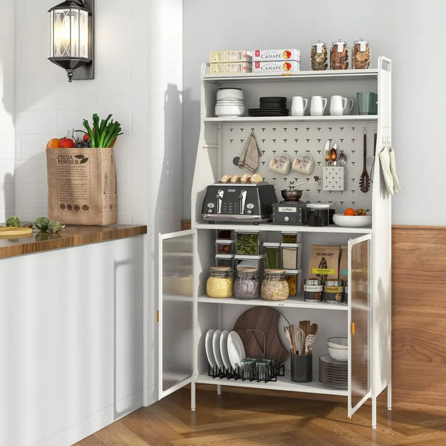 5-Tier Metal Baker’s Rack with See-through Flip-up Door and Pegboard-White - White - Sideboards Cabinets & Buffets