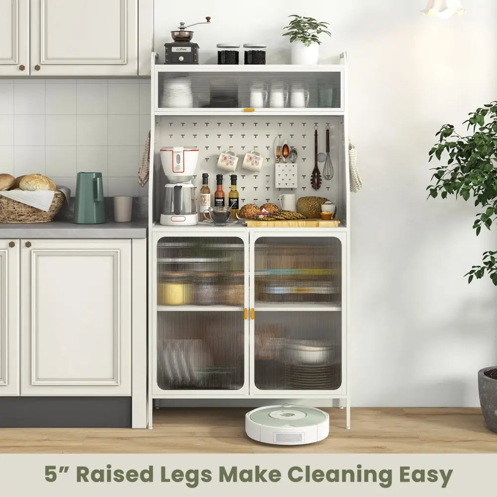 5-Tier Metal Baker’s Rack with See-through Flip-up Door and Pegboard-White - White - Sideboards Cabinets & Buffets