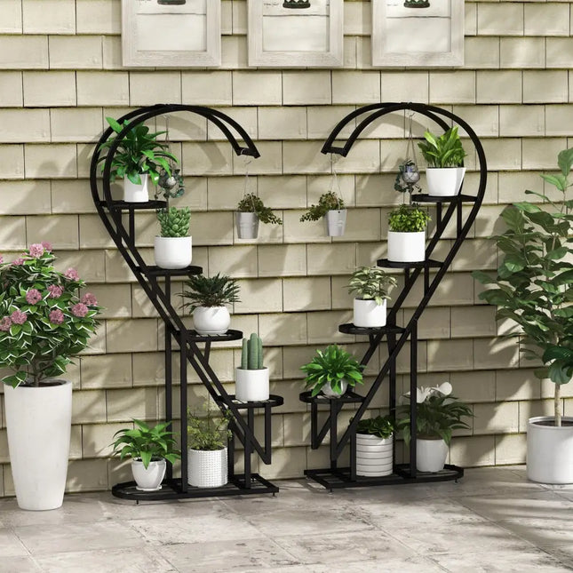 5 Tier Metal Plant Stand with Hanging Hook for Multiple Plants-Black - Black - Plant Stands