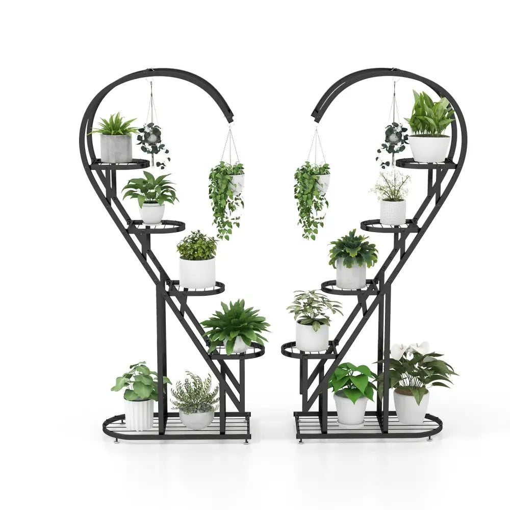 5 Tier Metal Plant Stand with Hanging Hook for Multiple Plants-Black - Black - Plant Stands