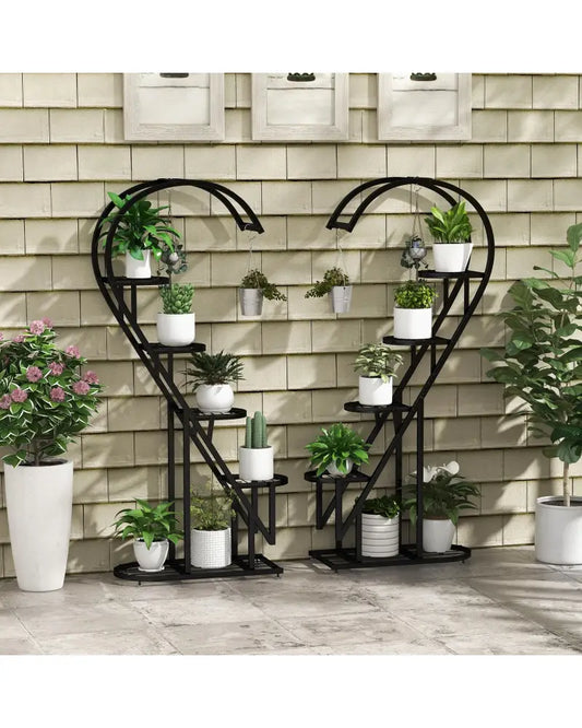5 Tier Metal Plant Stand with Hanging Hook for Multiple Plants-Black - Black - Plant Stands