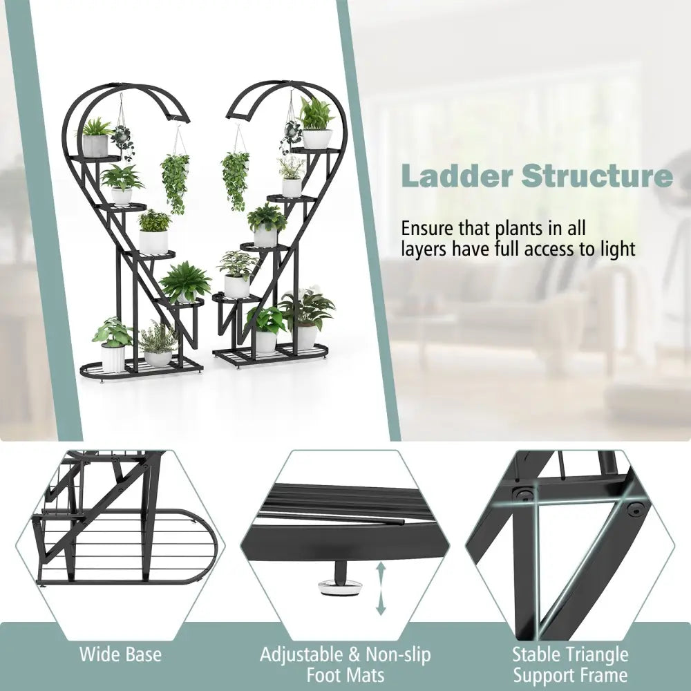 5 Tier Metal Plant Stand with Hanging Hook for Multiple Plants-Black - Black - Plant Stands