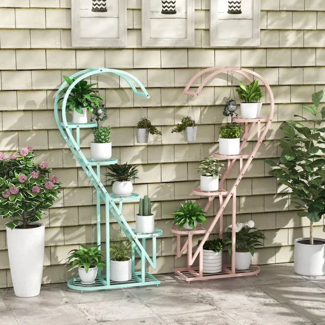 5 Tier Metal Plant Stand with Hanging Hook for Multiple Plants-Pink & Blue - Pink & Blue - Plant Stands