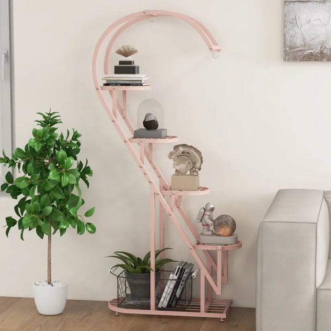 5 Tier Metal Plant Stand with Hanging Hook for Multiple Plants-Pink & Blue - Pink & Blue - Plant Stands