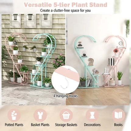 5 Tier Metal Plant Stand with Hanging Hook for Multiple Plants-Pink & Blue - Pink & Blue - Plant Stands