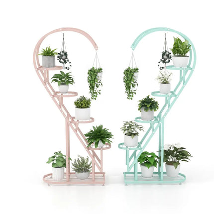 5 Tier Metal Plant Stand with Hanging Hook for Multiple Plants-Pink & Blue - Pink & Blue - Plant Stands