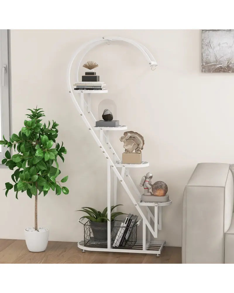 5 Tier Metal Plant Stand with Hanging Hook for Multiple Plants-White - White - Plant Stands