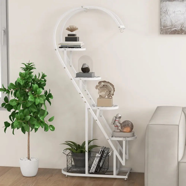 5 Tier Metal Plant Stand with Hanging Hook for Multiple Plants-White - White - Plant Stands