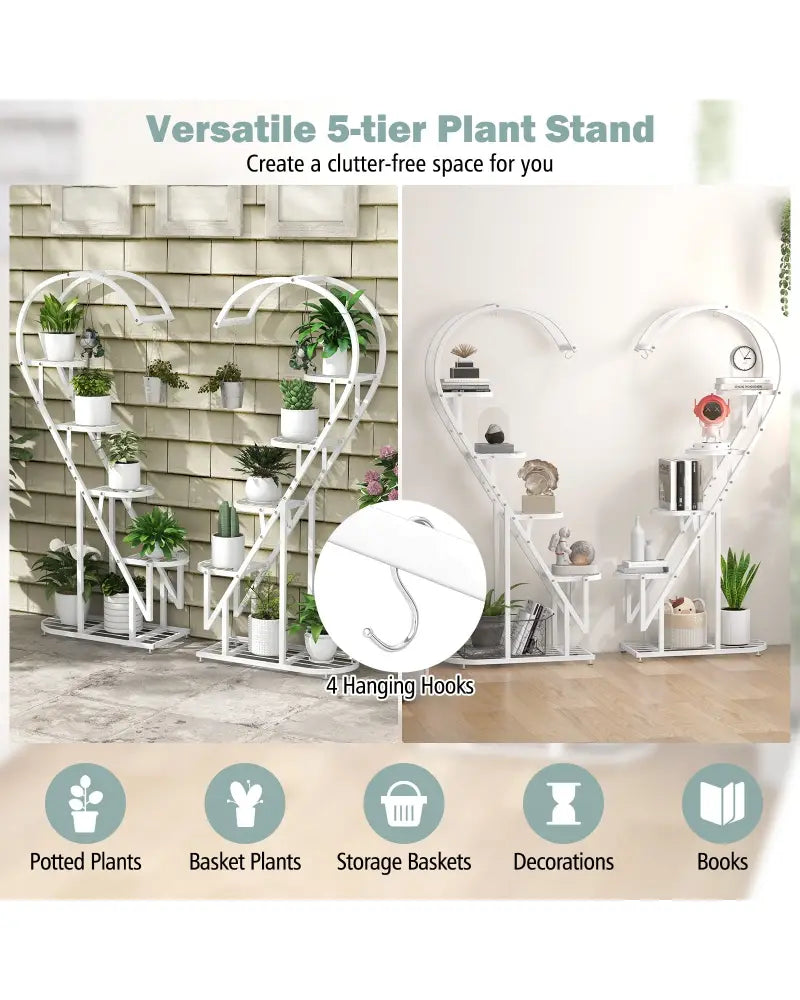 5 Tier Metal Plant Stand with Hanging Hook for Multiple Plants-White - White - Plant Stands