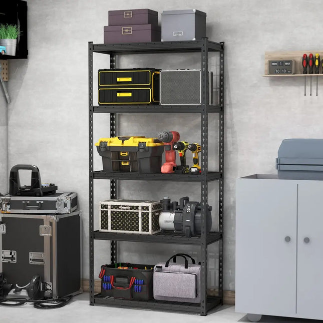5-Tier Metal Shelving Unit with Anti-slip Foot Pad Height Adjustable Shelves for Garage-M - Black - Garages