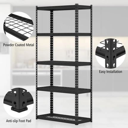 5-Tier Metal Shelving Unit with Anti-slip Foot Pad Height Adjustable Shelves for Garage-M - Black - Garages