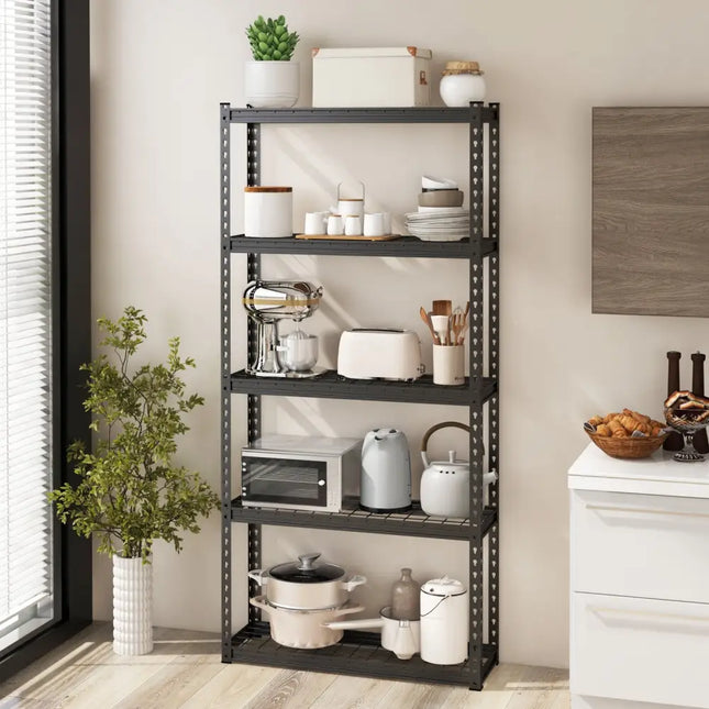 5-Tier Metal Shelving Unit with Anti-slip Foot Pad Height Adjustable Shelves for Garage-S - Black - Garages