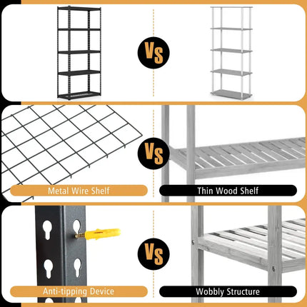 5-Tier Metal Shelving Unit with Anti-slip Foot Pad Height Adjustable Shelves for Garage-M - Black - Garages