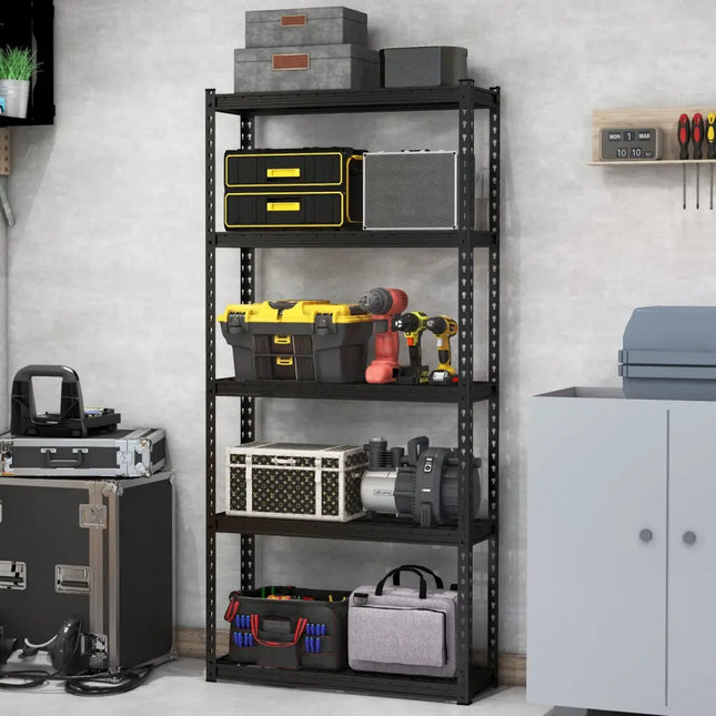 5-Tier Metal Shelving Unit with Anti-slip Foot Pad Height Adjustable Shelves for Garage-S - Black - Garages
