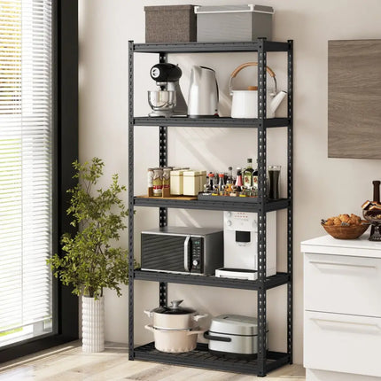 5-Tier Metal Shelving Unit with Anti-slip Foot Pad Height Adjustable Shelves for Garage-M - Black - Garages