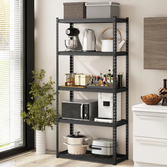 5-Tier Metal Shelving Unit with Anti-slip Foot Pad Height Adjustable Shelves for Garage-M - Black - Garages