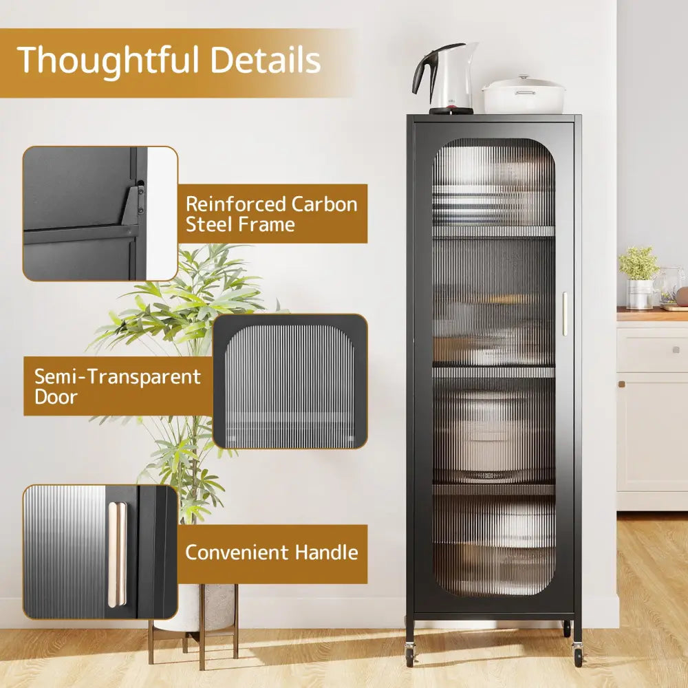 5-Tier Metal Storage Cabinet Narrow with Adjustable Shelves-Black - Black - Sideboards Cabinets & Buffets