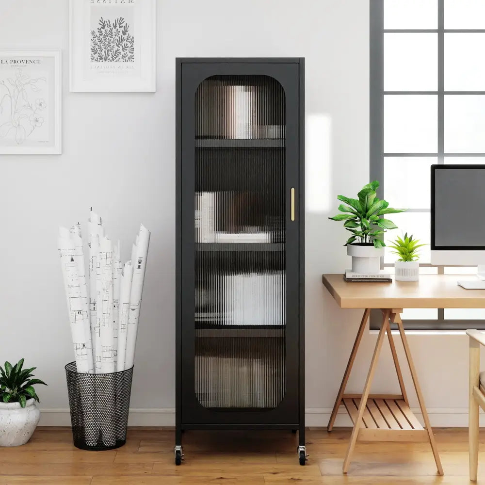 5-Tier Metal Storage Cabinet Narrow with Adjustable Shelves-Black - Black - Sideboards Cabinets & Buffets