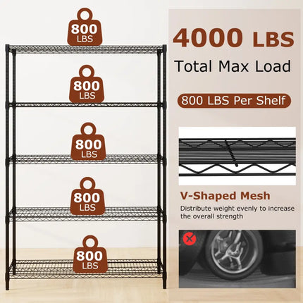 5-Tier Metal Storage Shelving Unit Set of 2 Adjustable Utility Shelf with V-Shaped Wire Rack-Black - Black - Garages