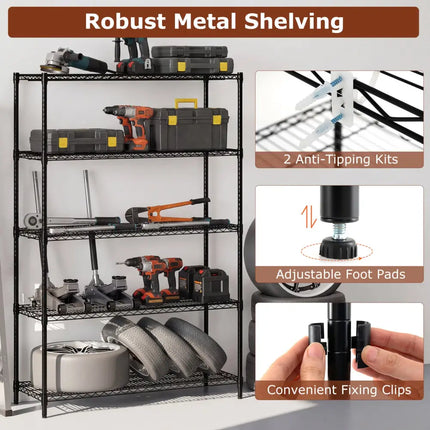5-Tier Metal Storage Shelving Unit Set of 2 Adjustable Utility Shelf with V-Shaped Wire Rack-Black - Black - Garages