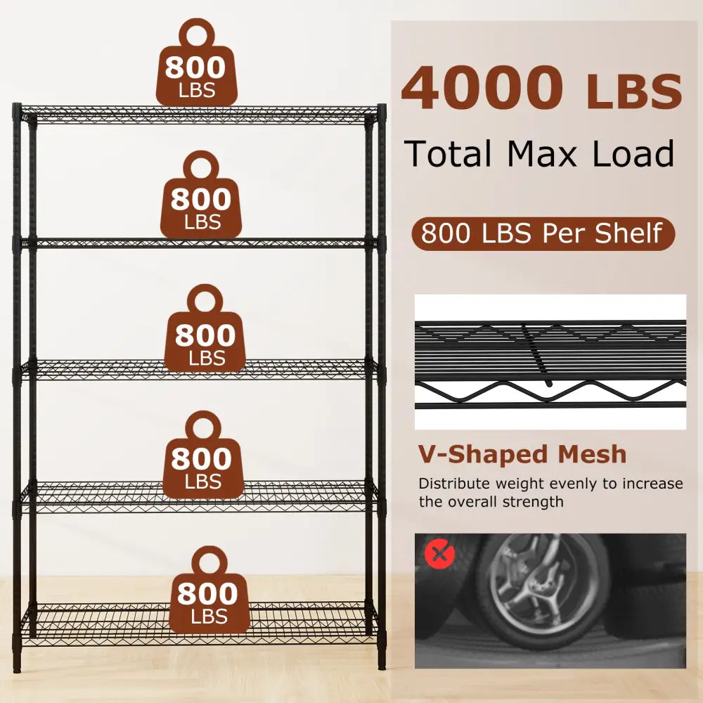 5-Tier Metal Storage Shelving Unit Set of 2 Adjustable Utility Shelf with V-Shaped Wire Rack-Black - Black - Garages