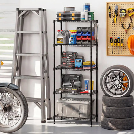 5-Tier Metal Storage Shelving Unit Set of 2 with V-Shaped Wire Rack-Black - Black - Garages
