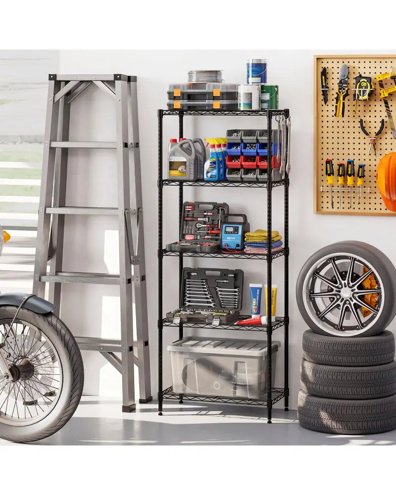 5-Tier Metal Storage Shelving Unit Set of 2 with V-Shaped Wire Rack-Black - Black - Garages