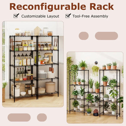 5-Tier Metal Storage Shelving Unit Set of 2 with V-Shaped Wire Rack-Black - Black - Garages