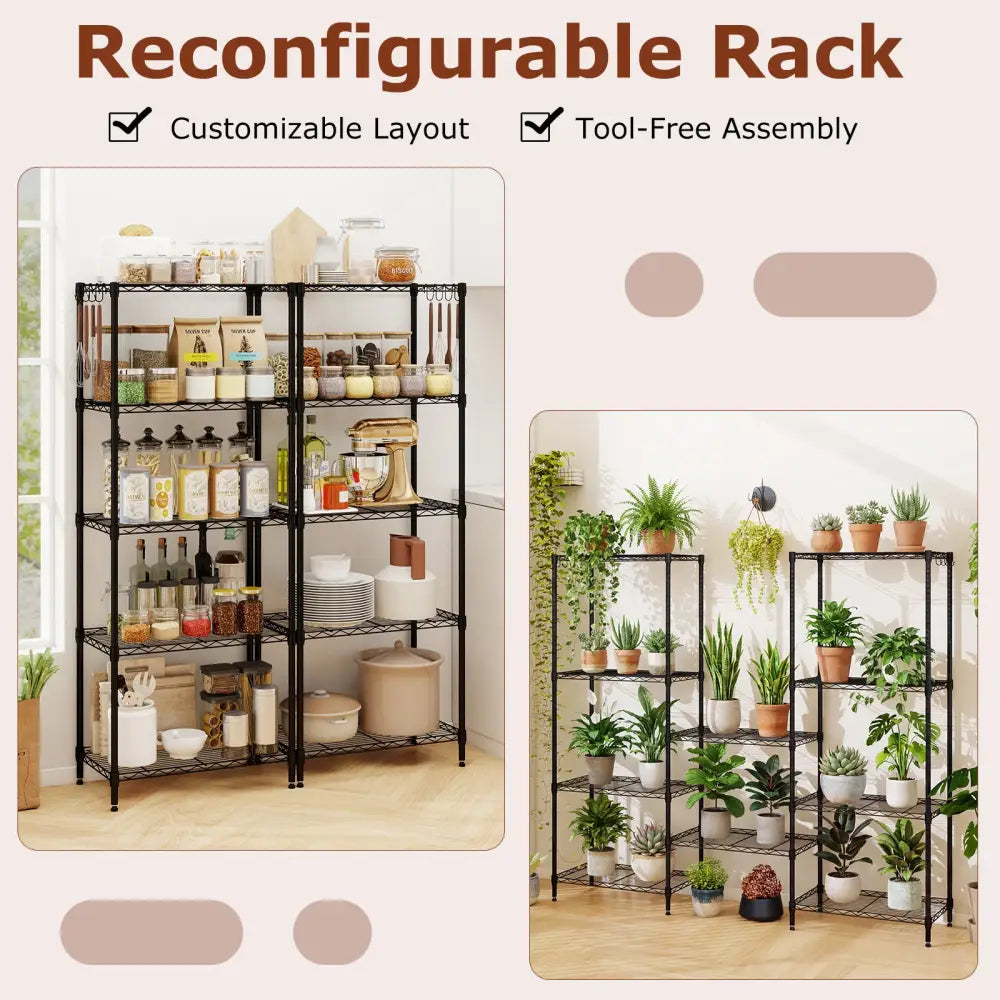 5-Tier Metal Storage Shelving Unit Set of 2 with V-Shaped Wire Rack-Black - Black - Garages