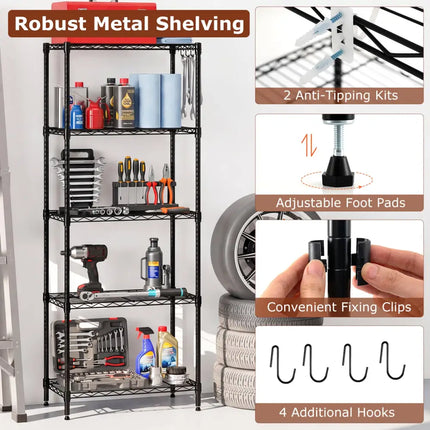 5-Tier Metal Storage Shelving Unit Set of 2 with V-Shaped Wire Rack-Black - Black - Garages